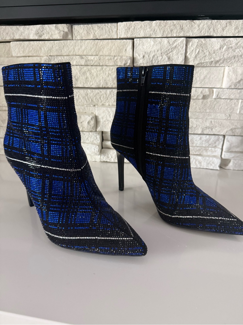 Embellished Blue Plaid Pointed Toe Stiletto Ankle Boots